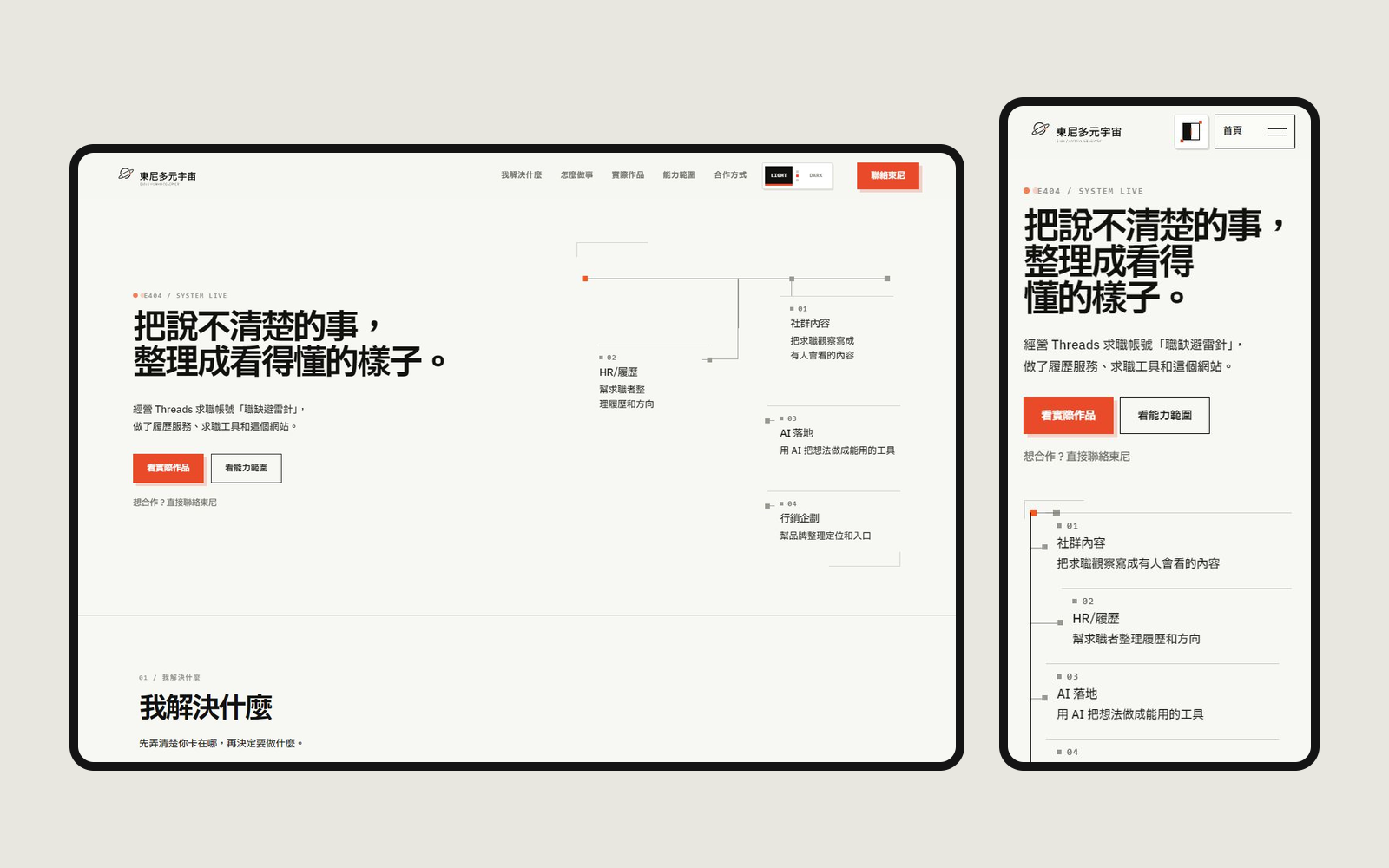 首頁畫面：先交代能提供哪些協助，再讓訪客選擇想看的作品。