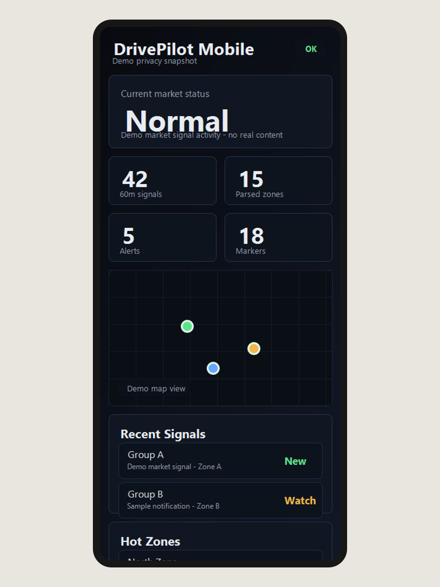 DrivePilot 真實 390px Mobile Dashboard sanitized demo